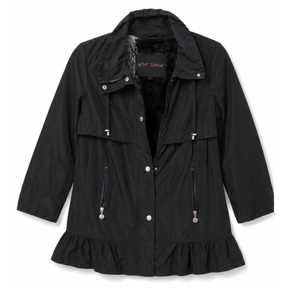 Betsey Johnson Black Ruffle Hem Anorak Jacket Faux Fur Lined Utility Chic Medium